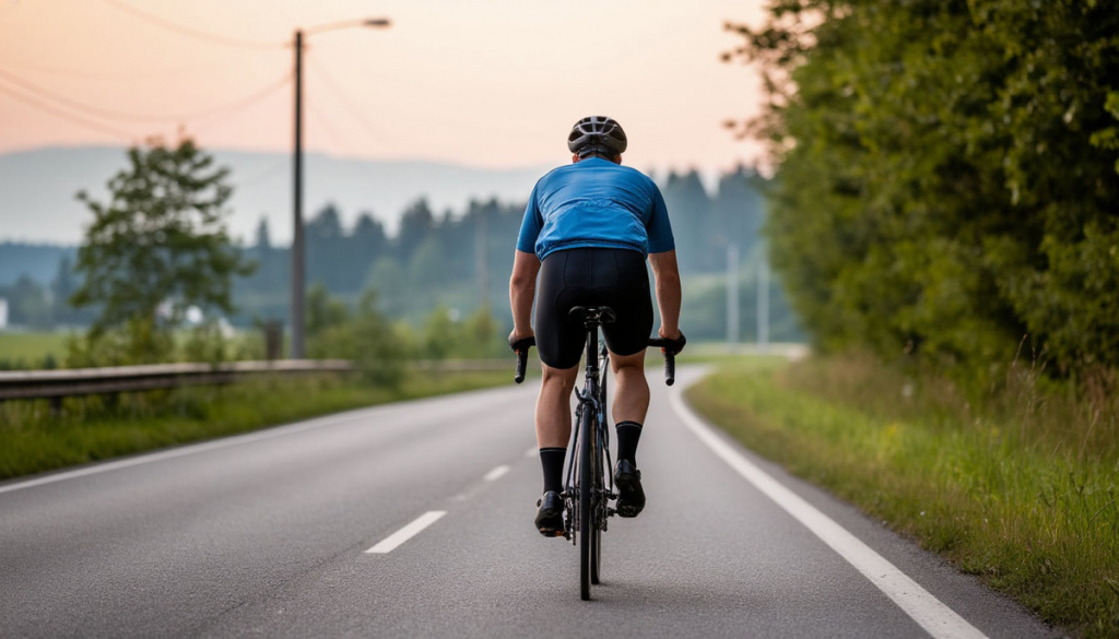 Cyclist in a blue jersey riding a road bike on an asphalt road beside green trees